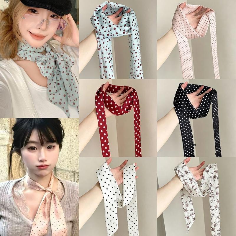 Silk Neck Scarf - وشاح حريري رفيع بنقشة الزهور والنقاط،